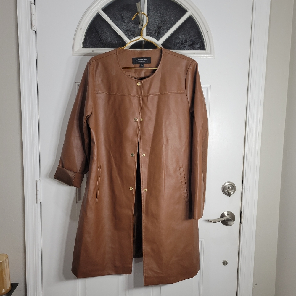 Faux Leather Knee Length Coat Size L